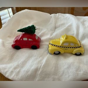 Department 56 Snow Village Taxi Cab and Red Beetle Car with Tree on Roof